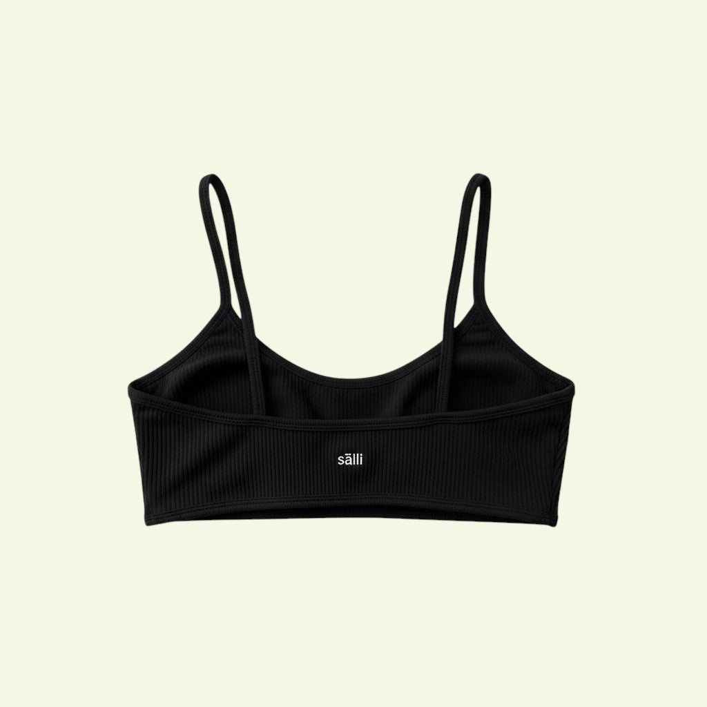 back view of flat lay ribbed black yoga bra