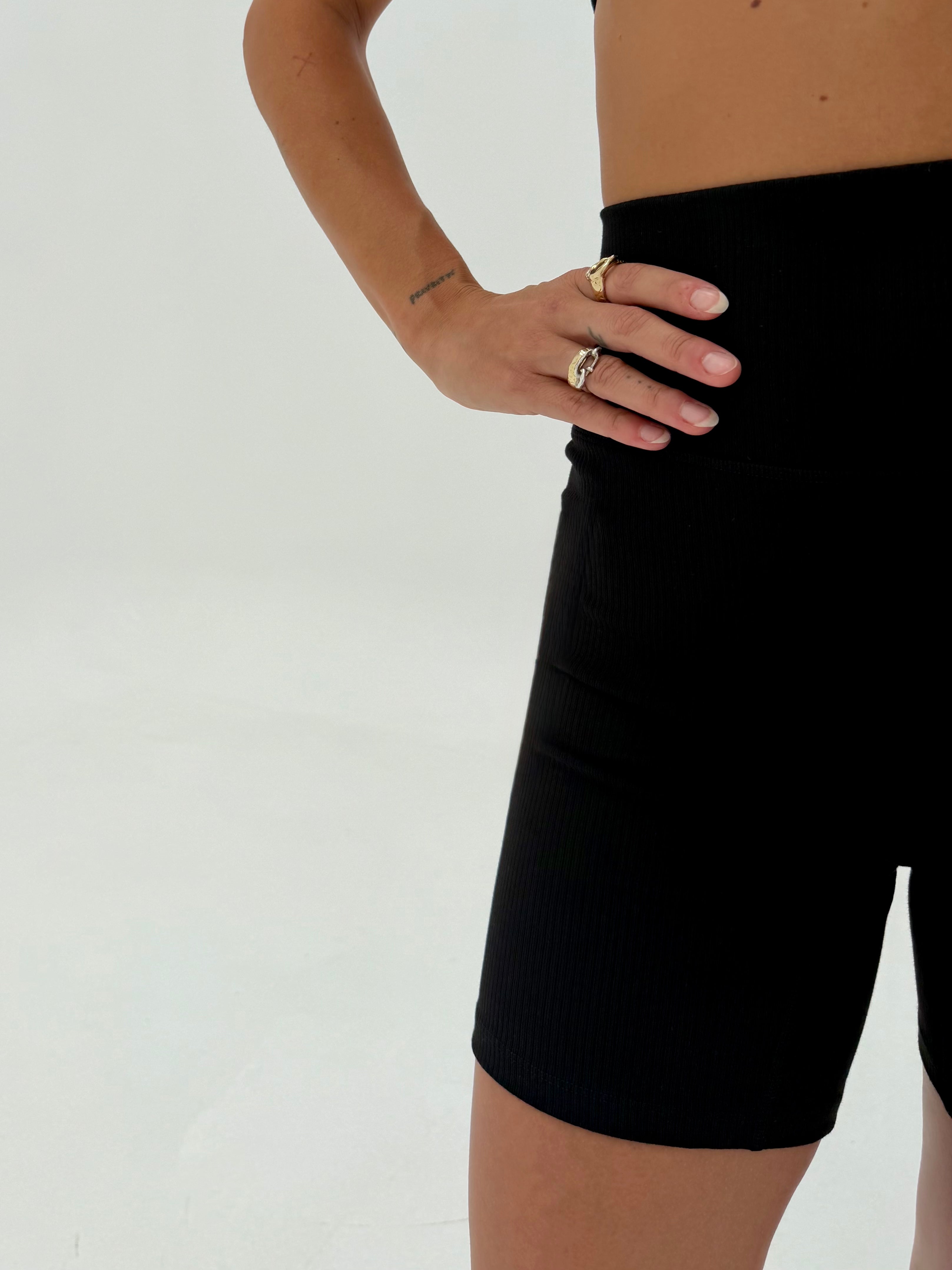 close up ribbed black organic shorts