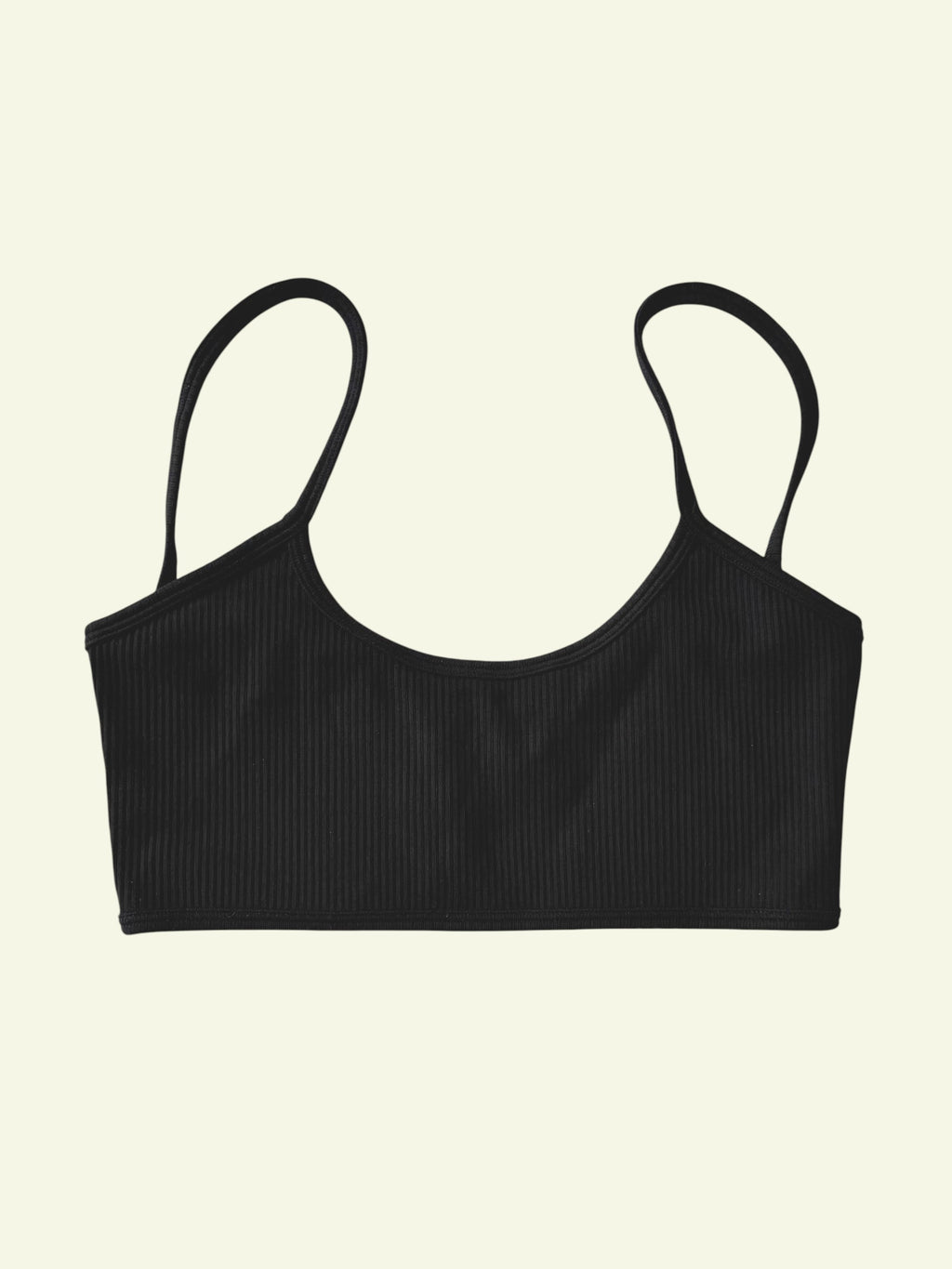 flat lay front of organic black ribbed yoga bra